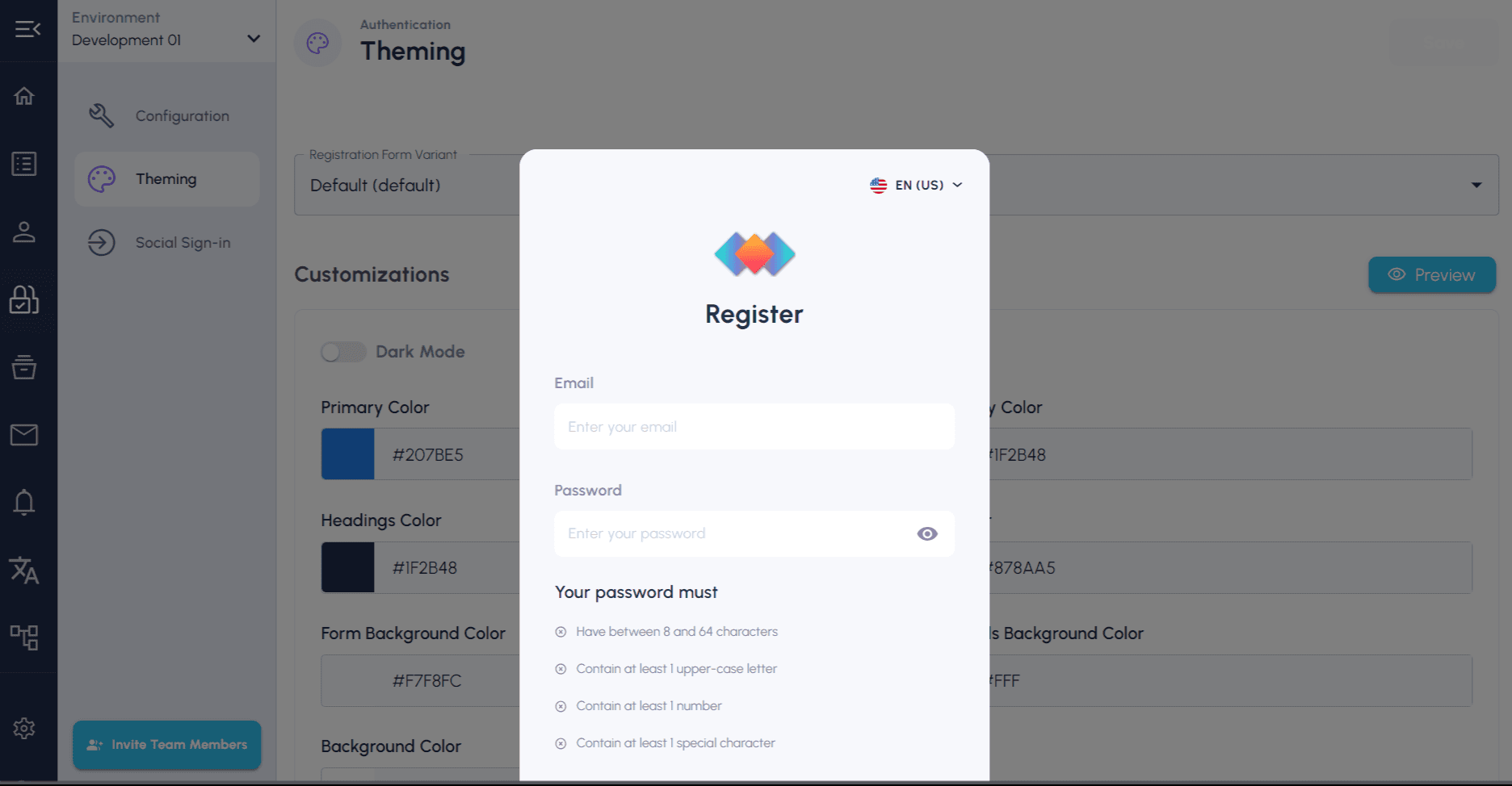 Login and registration form preview